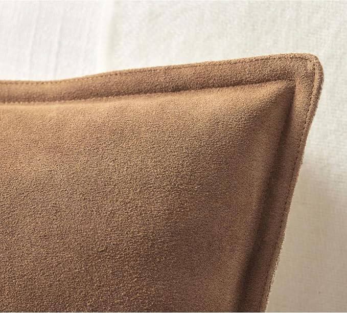 Genuine Leather Pillow Cover Case for Lumbar Throw Couch Pillows – Modern Farmhouse Decorative Sofa Thick & Soft Cushion Cover (Suede Camel, 12" x 20")