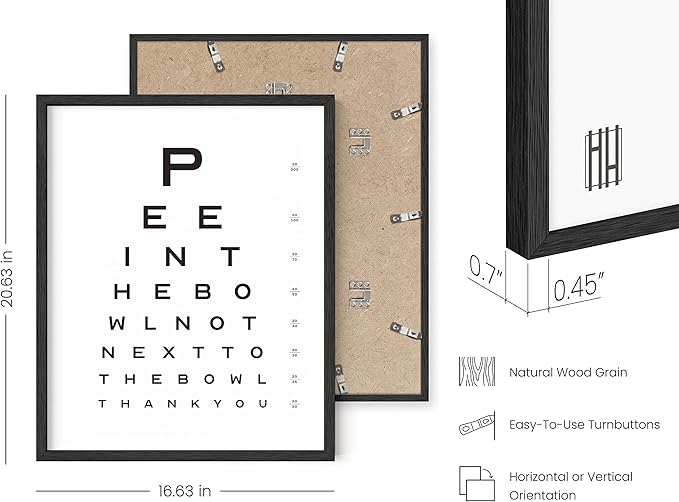 HAUS AND HUES Funny Bathroom Signs – Eye Chart Restroom Poster, Playful Washroom Artwork, Humorous Home Accent (16x20, Black Frame)