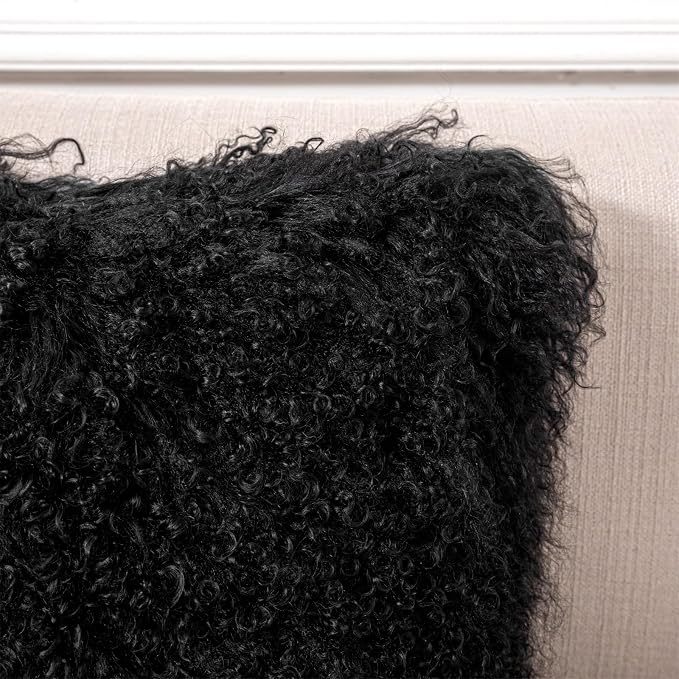 Tibetan Mongolian Lamb Fur Throw Pillow Cover 100% Real Sheepskin Fur Lamb Roll Wool Square Decorated for Livingroom Car Accessories Soft Fluffy Cushion Black 20''x20''