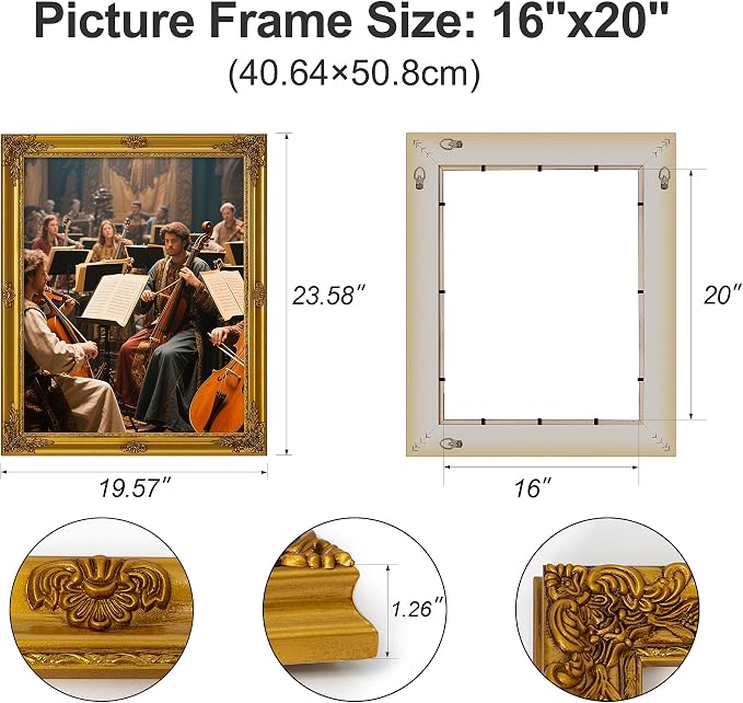 ArtXO Gold 16x20 Picture Frames: Wooden Wall Frames for 16 by 20 Photo Display, Vintage Picture Frames, Ornate Photo Frames 20x16 without Glass and Back