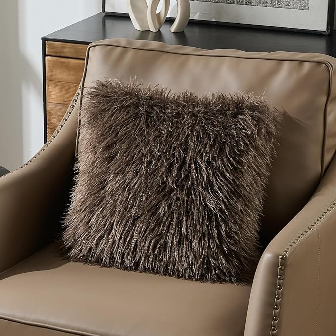 FUTEI Pack of 2 Shaggy Mongolian Faux Wool Throw Pillow Covers 18x18 Inch Soft Decorative Cushion Case for Couch Bed Living Room, Dark Coffee