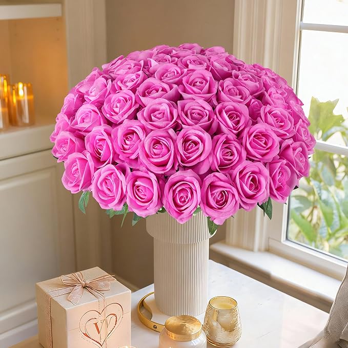 HyeFlora 50 PCS Roses Artificial Flowers, Fake Roses with Stem Realistic Hot Pink Silk Rose for DIY Wedding Bouquets Table Centerpieces Arrangements Baby Shower Birthday Home Decor for Her