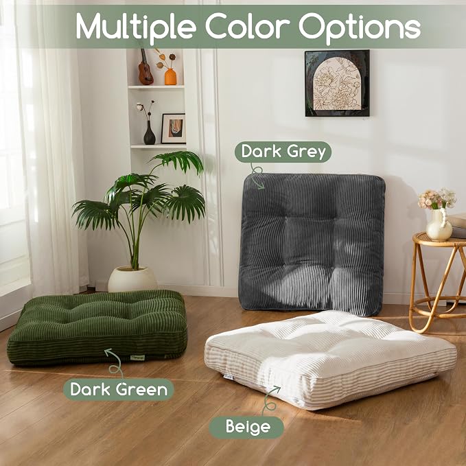 HIGOGOGO 35" Floor Pillow Cushion for Adults, Meditation Cushion Pillow, Extra Large Square Floor Sitting, Tufted Corduroy Cover for Tatami Living Room or Yoga, Dark Grey