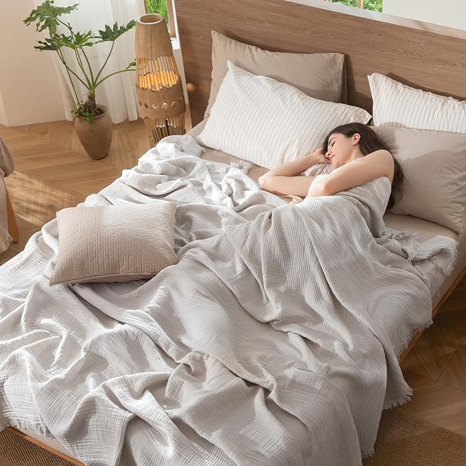 MooMee Muslin Blanket - 100% Cotton 4-Layer Gauze Throw Blanket with All-Around Fringe, Soft Breathable Lightweight Cooling Summer Blankets for Bed Couch (Light Grey,Twin XL 66" x 90")