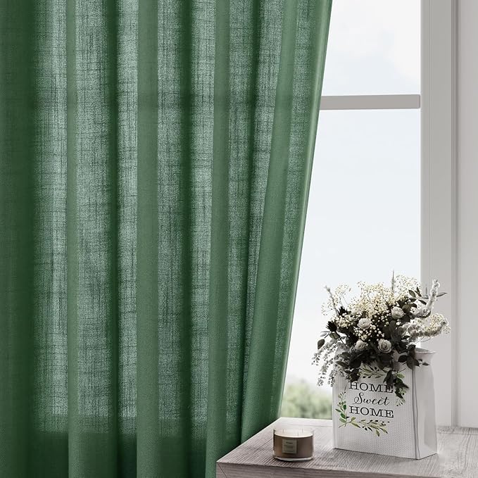 Green Semi Sheer Curtains 120 Inches Long 2 Panels Set Back Tab Loop Pocket Linen Blend Boho Large Window Curtain Extra Long Light Filtering Drapes High Ceiling Curtains for Living Room 52x120