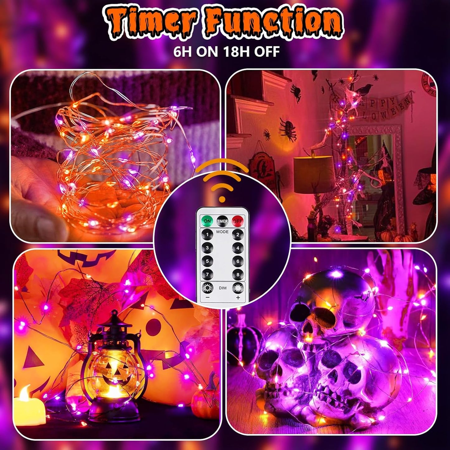 3 Pack 78 FT 240 LED Fairy Lights Battery Operated with Remote & Timer, Orange and Purple Halloween String Lights 8 Modes Waterproof Twinkle Lights for Indoor Outdoor Halloween Party Home Decorations