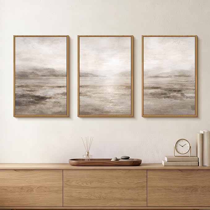 HPNIUB Larger Abstract Neutral Brown Framed Canvas Wall Art Set,Modern Misty Watercolor Lake Landscape Wall Decor, Minimalist Texture Pastel Artwork for Living Room,Bedroom,Office- 24"x36"x3