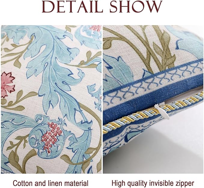 patdrea Designer Vintage Linen Throw Pillow Cover,18"x18"-Fromm A | Luxury Decorative Pillow Case with Zipper,Blue Floral Pattern,Pillow Cover for Couch Living Room Bedroom Sofa