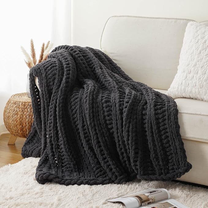 Battilo Chunky Knit Throw Blanket for Couch, 50"x60", Charcoal | Hand Knit, Dark Grey Throw Blanket, Cozy Warm Thick Soft Chenille Throw Blanket for Bed, Sofa, Living Room