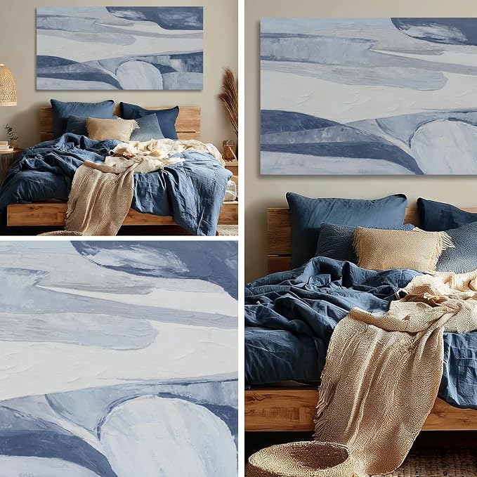 Hue7Art Modern Abstract Canvas Wall Art Blue and White Minimalist Landscape Painting, Soft Flowing Texture Artwork for Living Room Bedroom Office Hallway Wall Decor 24x48 Inch