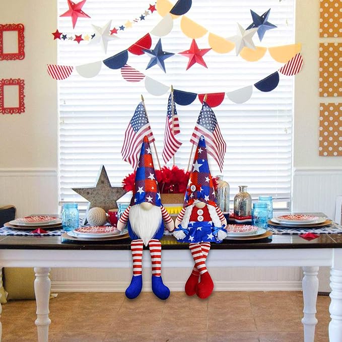 2Pcs 4th of July Patriotic Gnomes Plush Decorations- Mr & Mrs Handmade Swedish Tomte Gnomes Ornaments for 250th Anniversary Patriotic Party Table Decor-Fourth of July Party Home Mantle Fireplace Decor