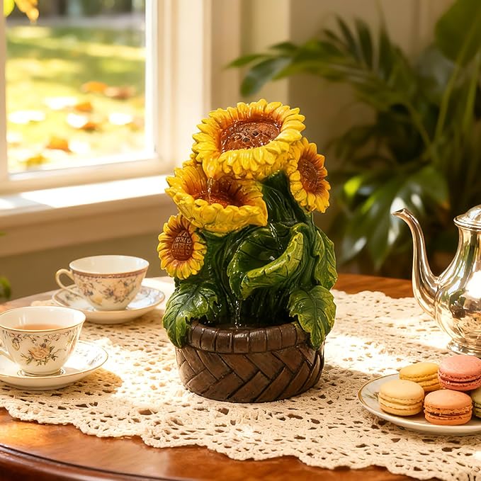Tabletop Water Fountain Indoor Themed Sunflower Fountain Indoor Table Top Waterfall Desk Decor for Home Meditation Relaxation(Sun)