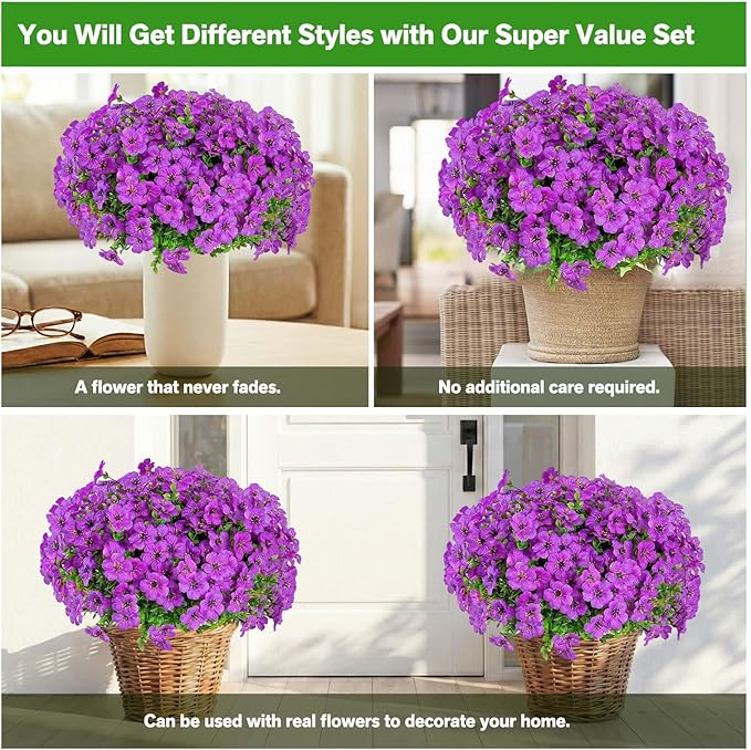 Artificial Flowers Fake Plants for Outdoors Spring Decoration, 13Bundles Silk Realistic UV Resistant Faux Flowers for Outside Planter Porch Yard Patio Garden Home Indoor, Purple