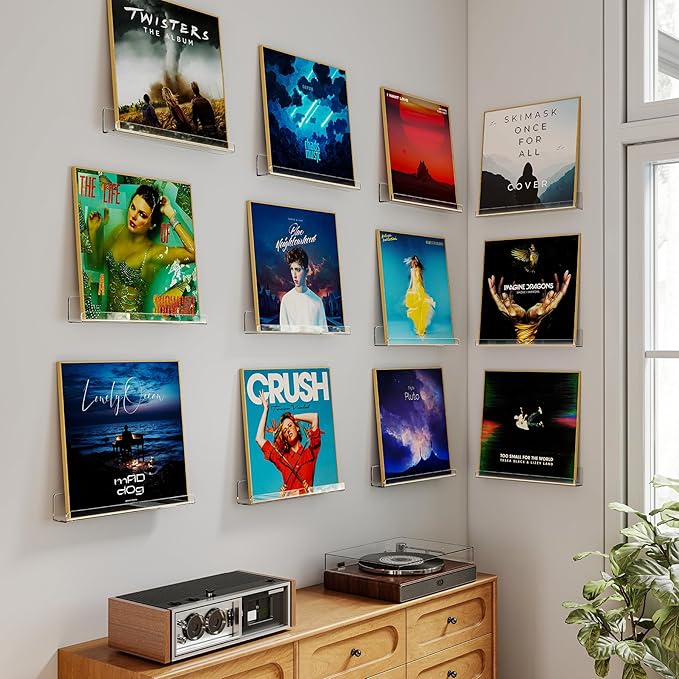 Laurensory 12 Pack Vinyl Record Shelf Wall Mount, 12-Inch Clear Acrylic Album Storage Holder, Floating Display Shelves for Wall Decor, Magazine Shelf, Kids Bookshelf, Suitable for Bedroom, Living Room