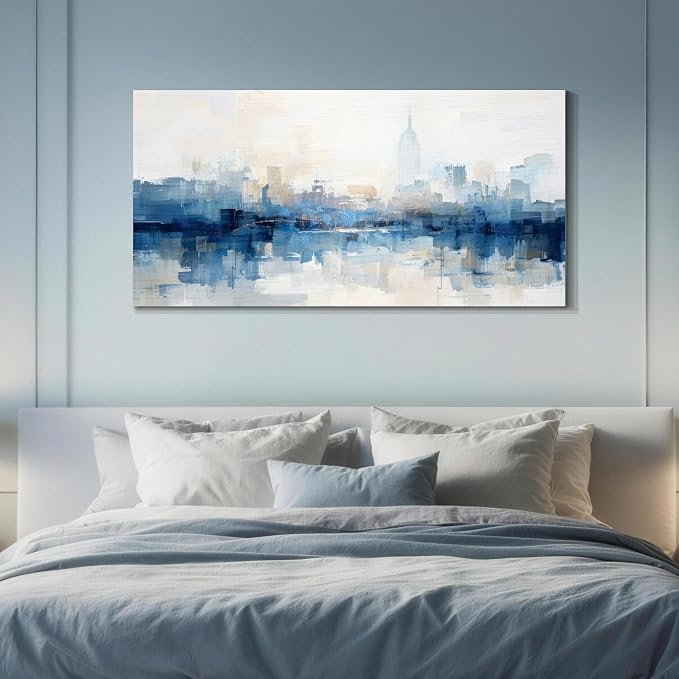 Acocifi NY Skyline Wall Art Abstarct Cityscape Canvas Painting 40"x20" | new york print for living room blue white NYC picture artwork framed for bedroom office home hallway wall decoration