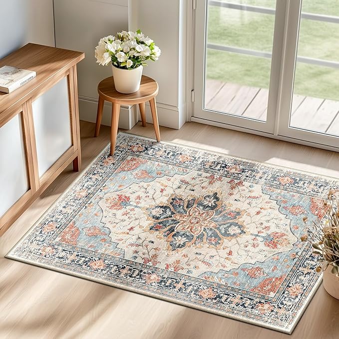 RELEANY Area Rugs 2'6''x4' Kitchen Rugs Entry Rug Small Rugs for Entryway Kitchen Bathroom Door Mat Indoor Entrance,Washable Non Slip, Beige Navy Blue Orange Colorful