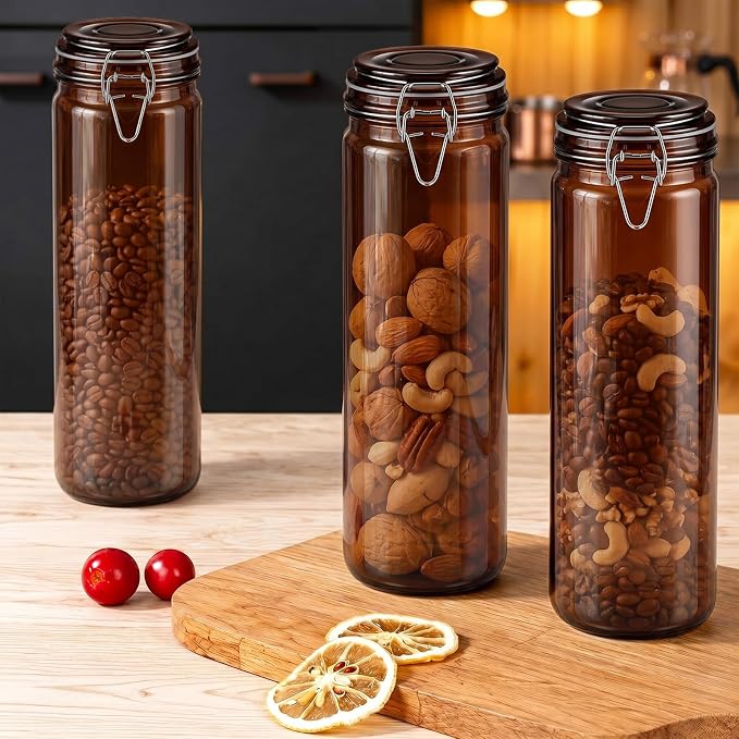 Norme 6 Pack 68oz Amber Airtight Glass Jars with Lids, Cylinder Food Storage Container Airtight Food Wire Clip Fastening for Sauerkraut Flour Kitchen Sugar Cereal Kitchen Canning Pickling Mason Jars