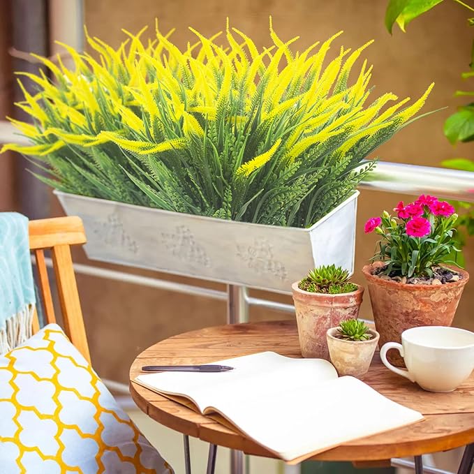 Grunyia 10 Bundles Artificial Plants Outdoor Fake Grass with Flowers UV Resistant Greenery Garden Porch Window Box Decorating (Yellow)