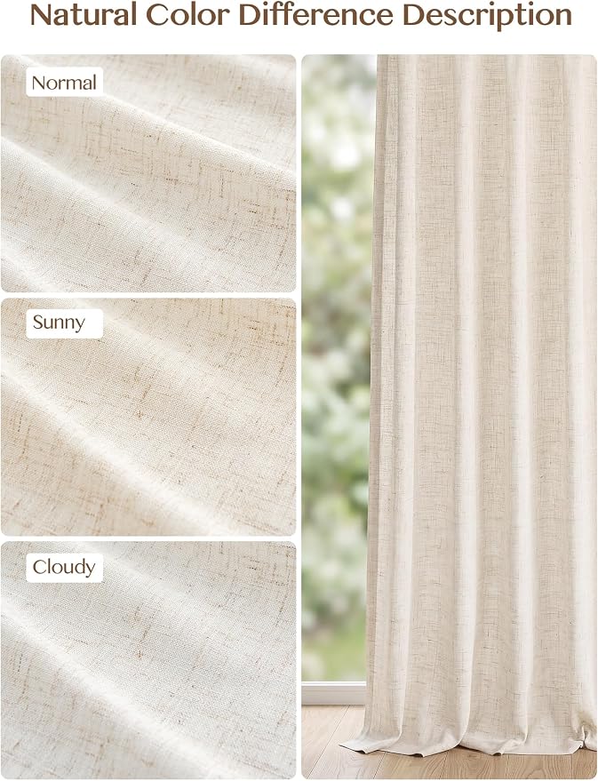 Liz Pinch Pleated Linen Curtains 72 Inches Long - Light Filtering Curtains for Living Room, Semi Sheer Window Curtains for Bedroom, Luxury Pinch Pleated Drapes with Hooks, Natural, 2 Panels Set