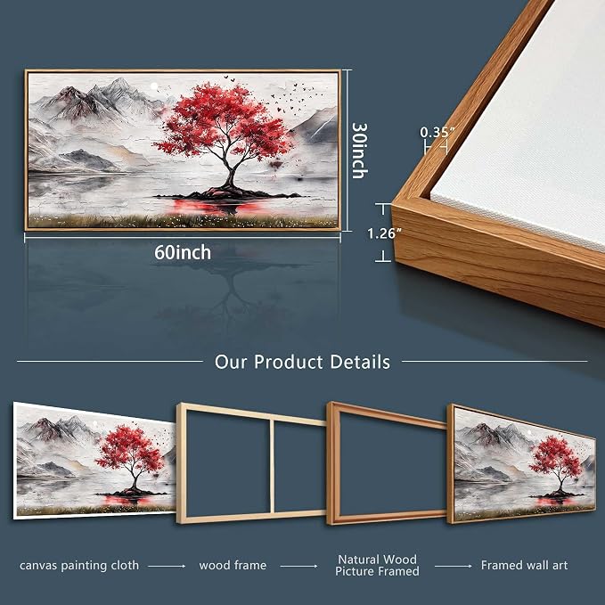 QIYILEXWART Wood Framed Canvas Wall Art For Living Room Wall Decor For Bedroom Office Wall Decorations Red Tree Painting Farmhouse Pictures Artwork Room Aesthetic Home Decor