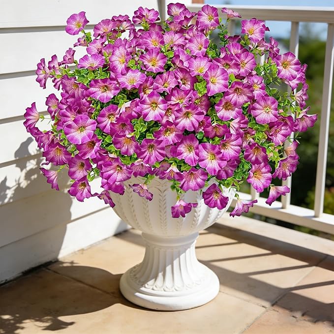 Ouddy Decor 24 Bundles Artificial Flowers for Outdoors, Fake Petunias Flowers Silk Morning Glory with Eucalyptus Faux Plants for Indoor Outside Spring Summer Yard Garden Porch Home Decor, Light Purple