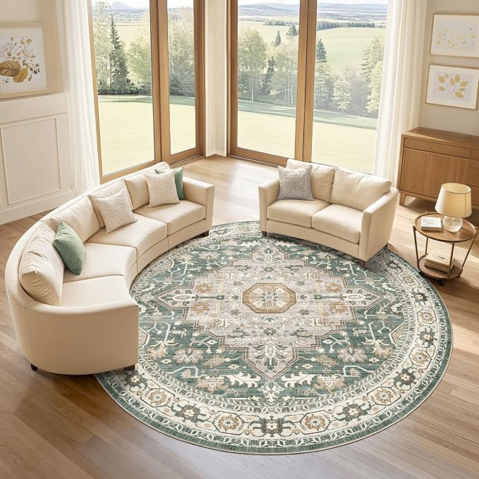Round Rug Living Room Rugs: 7x7 Washable Boho Neutral Large Circle Soft Indoor Distressed Stain Resistant Floor Farmhouse Carpet for Bedroom Nursery Kids Playroom Office Dining Room Dorm- Green