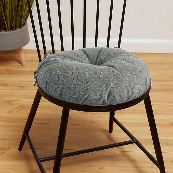 Magpie Fabrics Outdoor 15"x15"x4" Round Bistro Seat Cushions with Ties Set of 2, Tufted Waterproof Patio Floor Chair Pads for Home Garden Balcony Kitchen Office Porch, Dark Grey