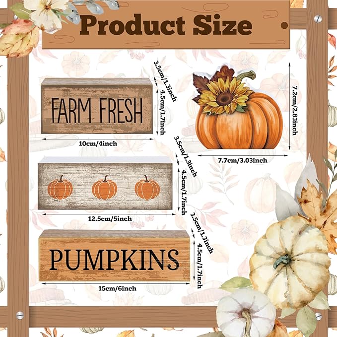 Lineshading 4 Pcs Thanksgiving Pumpkin Decor Fall Table Decoration Fall Tiered Tray Decor Thanksgiving Centerpiece Rustic Decorative Pumpkin Block Signs Farmhouse Harvest Decoration for Home Kitchen