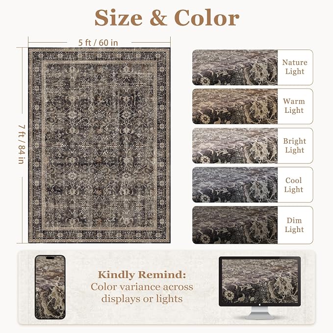 Dark 5x7 Area Rugs, Mid-Century Modern Print Rugs for Living Room Bedroom Home Office, Washable Non Slip Ultra Thin Dining Room Rug Vintage Classic, Earth Tone Brown/Black/Beige