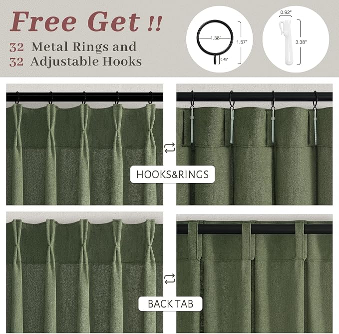 Extra Long 108 Inch Pinch Pleated Sheer Large Curtains for Living Room, Dark Green Memory Shape Natural Linen Light Filtering Privacy Luxury Windows Curtain & Drapes 4 Panels Set with Hook Ring Loden