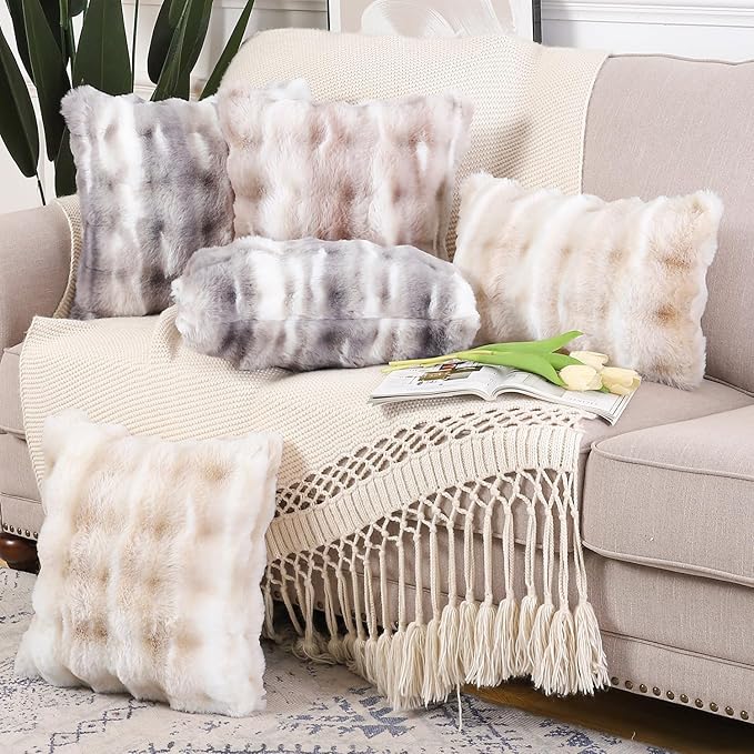 MADIZZ Pack of 2 Thick Plush Faux Wool Throw Pillow Covers Soft Boho Throw Pillows Luxurious Cushion Covers for Couch Sofa Bedroom Living Room Home Decor Euro Sham 24x24 Inch White Taupe