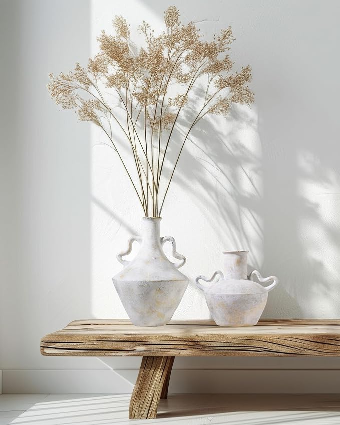 UPWOIGH 14in Distressed Ceramic Vase with Double Handles | White Handmade Look, Intentional Black Distressing, Vintage-Inspired Style, Modern Rustic Table Décor