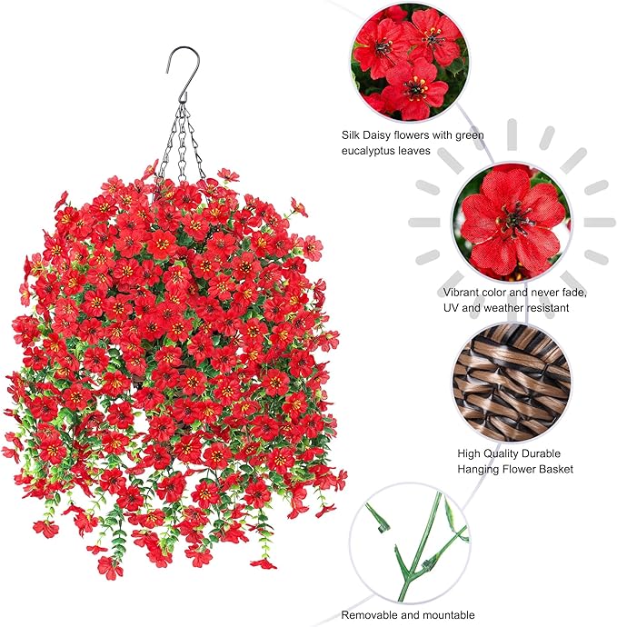 HyeFlora Artificial Hanging Flowers Basket for Outdoor, Fake Flowers Faux Plants Look Real for Yard Gardens Porch Patio Home (Red)