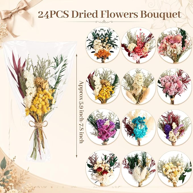 12/24PCS Handmade Dried Flower Bouquet with Stems Natural Dried Wildflowers 7.5 Inch Mini Dry Flowers for Vase Farmhouse Decor, Wedding Styling, Photography Props, Gift DIY(24pcs, Colorful)