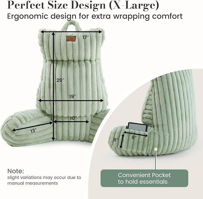 Amélie Home Faux Fur Reading Pillow with Pocket for Sitting in Bed, Adult Backrest Bed Pillow with Washable Cover for Lounging, Watching TV/Gaming/Resting/Post/Surgery/Nursing, Sage Green 29 inches