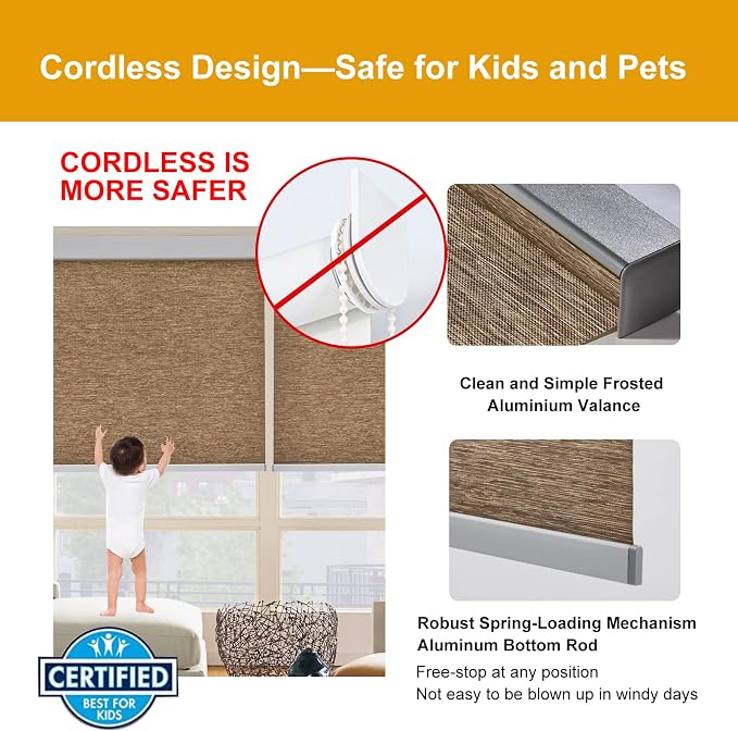 Persilux Free-Stop Cordless Roller Shades Light Filtering Roller Blinds for Windows (Brown 22" W x 72" H) Natural Woven Fabric Thermal Insulation Privacy Roller Window Shades for Home, Office, Door