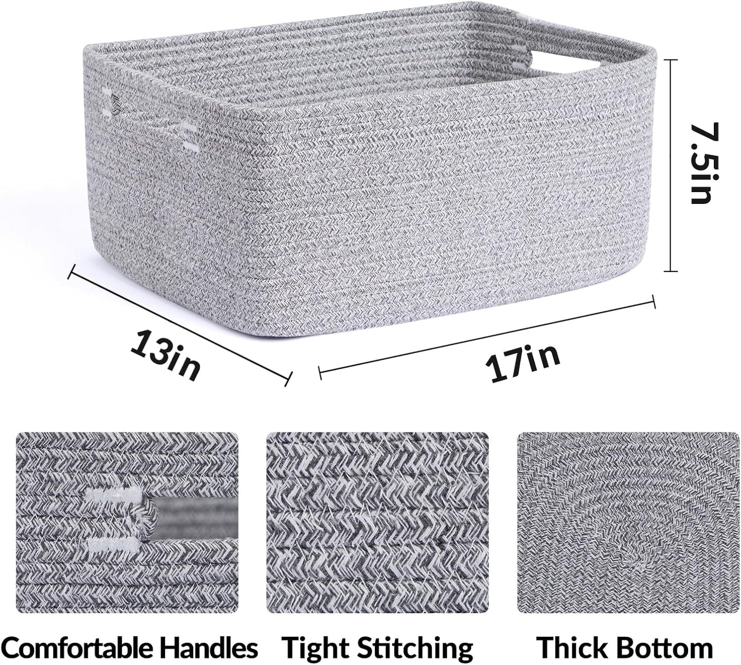 Large Storage Baskets for Shelves, Closet Organizers Bins for Clothes Blanket Towels, Baby Nursery, Toy Baskets Box, Woven Rope Baskets, 17 x 13 x 7.5”, 2 Packs Mixed Grey