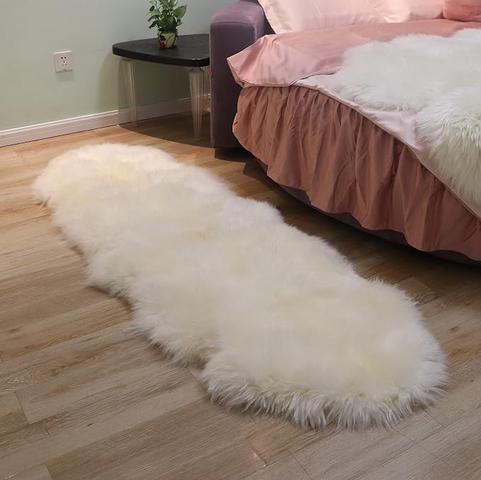 Woolous Genuine New Zealand Sheepskin Double Pelt Rug - Handmade Sheep Skin Runner Rug, Soft Thick Natural Bedside Area Rug for Bedroom and Living Room Decor, 2x6 ft | Real sheep skin runner rug, handmade soft thick natural double pelt sheepskin rug fo...