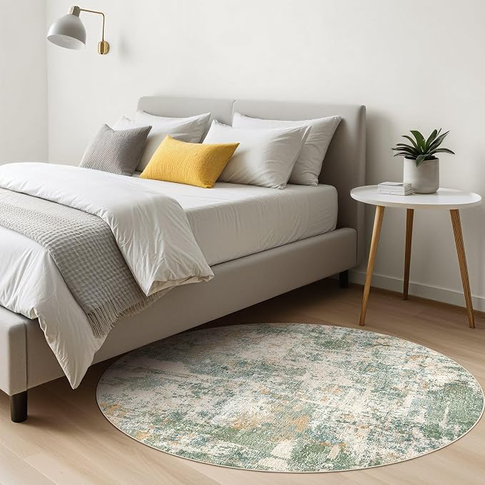 10ft Round Rug Living Room Rugs: 10x10 Washable Circle Large Abstract Modern Soft Stain Resistant Non-Slip Indoor Floor Carpet for Bedroom Nursery Office Dining Room Playroom Home House- Green