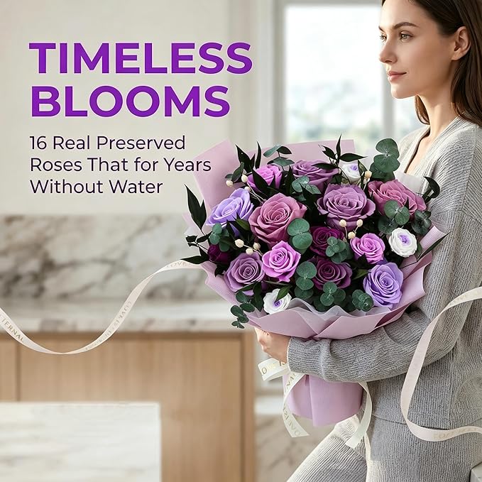 XTYFJGVA 16 Preserved Purple Roses Bouquet, Flowers for Delivery, Real Roses That Last 1-3 Years, Birthday Gifts for Women, Forever Flower Gifts for Mom, Wife, Grandma, Her on Mothers Day, Anniversary