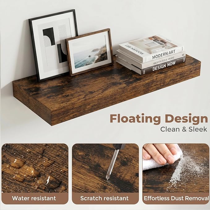 20 Inch Floating Shelves for Wall, 8"D Wood Storage Shelves, Brown Finish | Engineered Wood, Invisible Bracket, Large Storage, Easy Install, Hold Up to 33lbs, Living Room, Bathroom, Bedroom, Kitchen