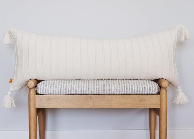 100% Soft Cotton Raised Stripes Textured Rib Knit Lumbar Throw Pillow Cover with Tassels (Butter Cream, 14" x 36")