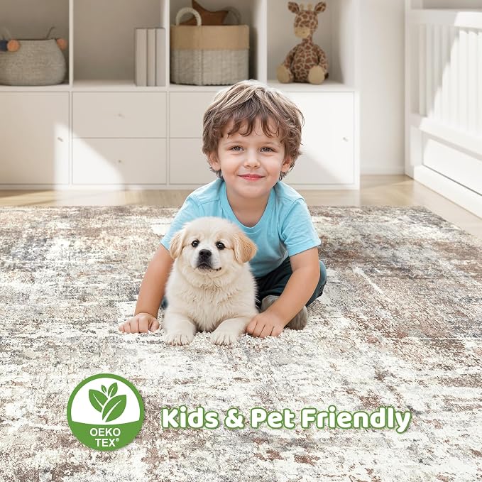 LOONGRUG 10x14Ft Area Rugs Living Room: Washable Large Abstract Modern Soft Rug Stain Resistant Indoor Floor Non Slip Accent Carpet for Bedroom Nursery Playroom Office Dining Room Dorm Home- Brown