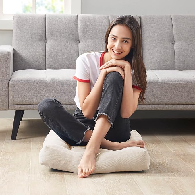 Meditation Floor Pillow Set of 2, Square Large Pillows Seating for Adults, Tufted Corduroy Cushion for Balcony Outdoor Tatami Living Room, Beige, 22x22 Inch