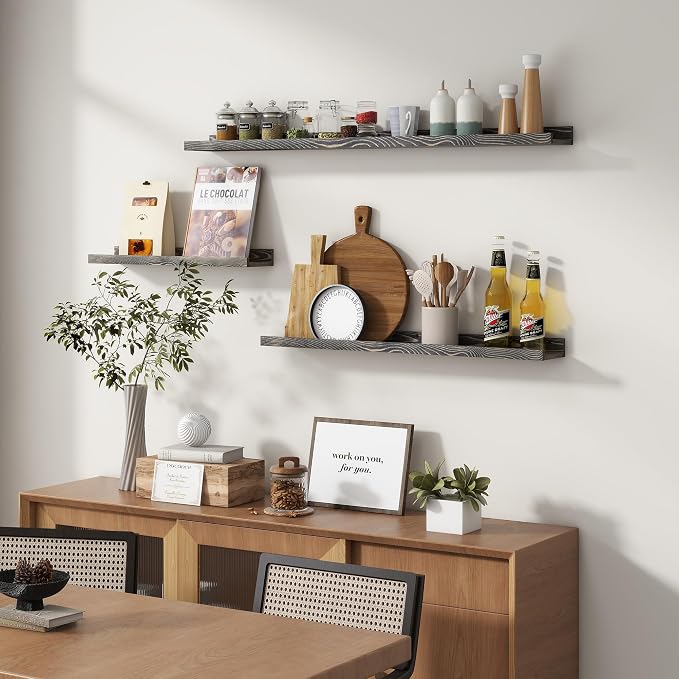 FLYJOE Picture Ledge Wall Shelves 48 Inches Width Set of 3, Solid Pine Wood Rustic Floating Ledge for Kids' Room Bedroom Kitchen Bathroom, Long Floating Shelves for Wall Decor, Grey