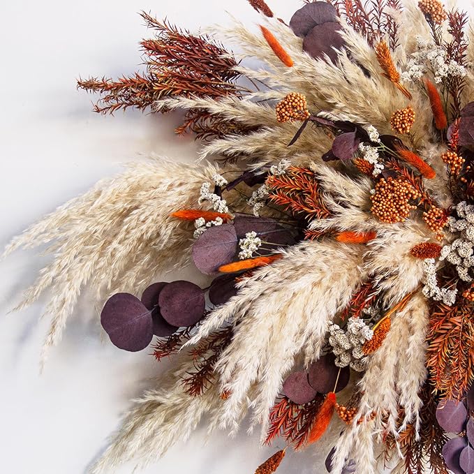 Fall Pampas Grass Wall Decor, Boho Floral Arch Swag with Orange Accents and Purple Eucalyptus, Thanksgiving Wedding Backdrop Arrangement
