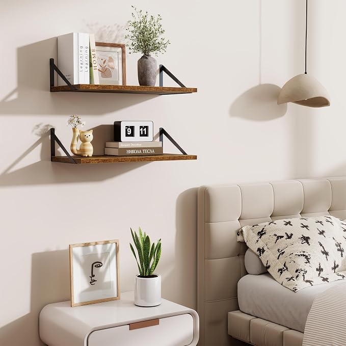Acovy Deep Floating Shelves,24" Wx10 D Floating Shelf for Wall Set of 2,Hanging Storage Shelf with Metal Brackets,Wide Display Wall Shelves for Living Room,Bedroom,Bathroom,Kitchen,Rustic Brown