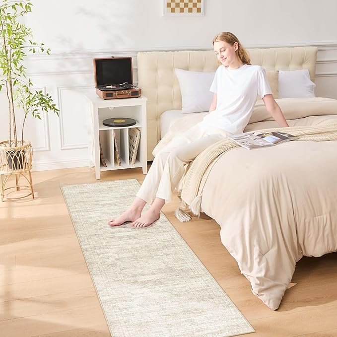 UERMEI 3X8 Washable Runner Rug for Hallway: Soft Neutral Modern Abstract Area Rug - Non-Slip Low Pile Long Throw Indoor Carpet for Kitchen Entryway Kitchen Bedroom Laundry Bathroom - Beige/Brown