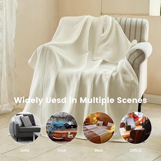 Simple&Opulence Linen Cotton Blanket with Double Layered Folded Edge for Couch/Bed/Sofa/Gift, Natural Flax Solid Color Soft Breathable Cozy Farmhouse Home Décor - White, 104"x90"