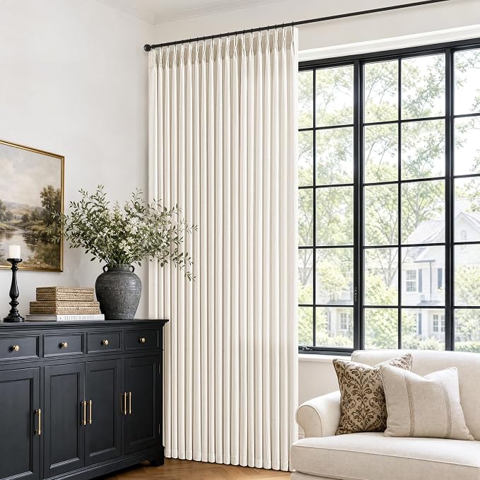 70 Inch Wide Pleated Thick Linen Curtains 96 Inches Natural Warm Beige Light Filtering Privacy Burlap Curtains for Extra Wide Windows Pinch Pleat Semi Sheer Drapes for Living Room Balcony 8 FT 1 Panel